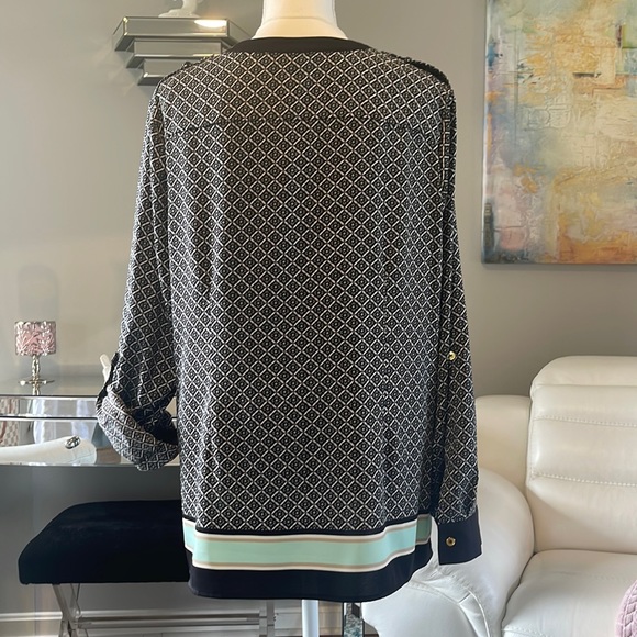 NWOT DANA BUCHMAN Silky Blouse Beautiful Navy White Blush Pink & Tiffany Blue 16 - Picture 7 of 11